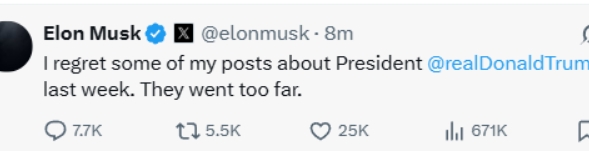 馬斯克稱對特朗普“說得太過” 特斯拉股價漲